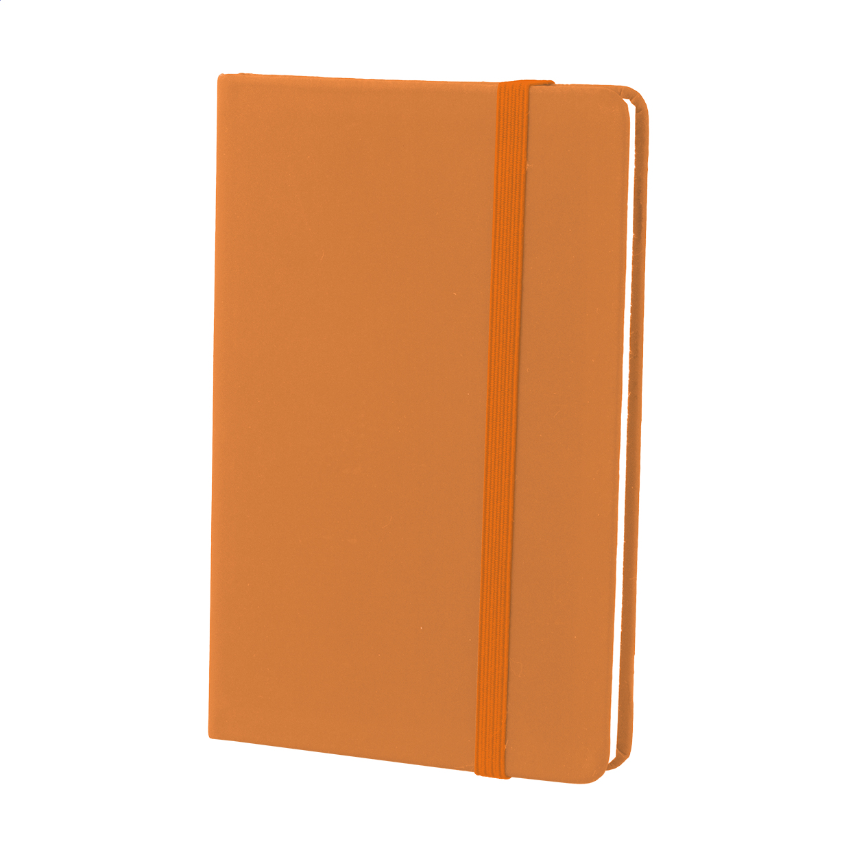 Quaderno con 100 fogli bianchi, copertina rivestita in pelle PU, segnalibro ed elastico in gomma coordinata — gadget promozionale personalizzabile con il tuo logo