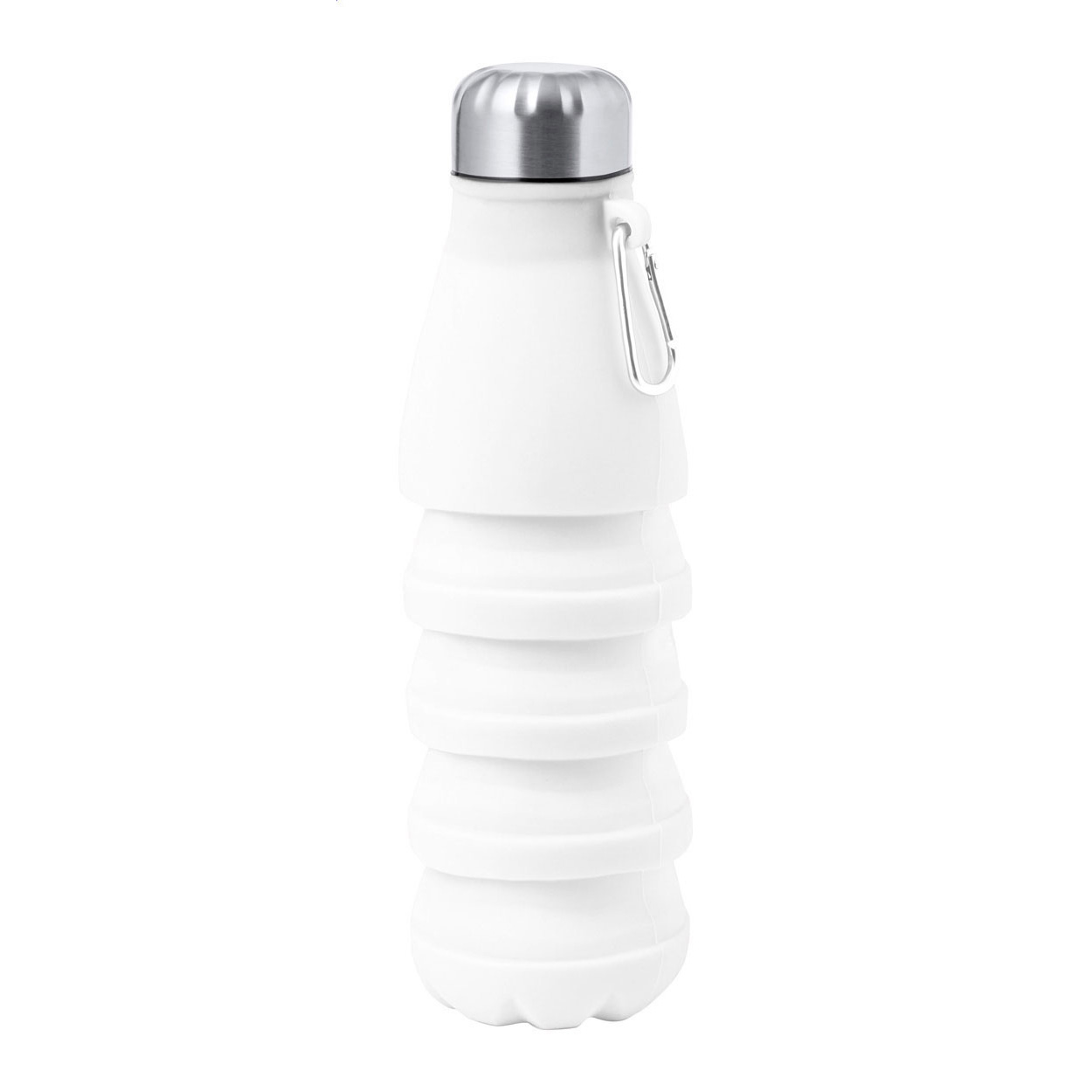 Bottiglia sportiva pieghevole in silicone con coperchio in acciaio inox e moschettone — gadget promozionale personalizzabile con il tuo logo