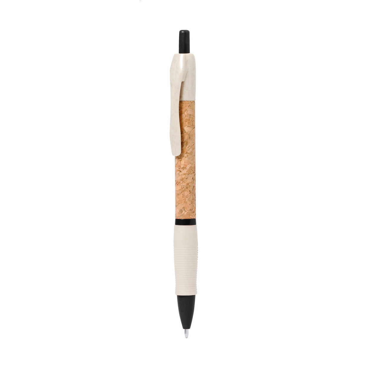 Penna a sfera con refill blu, in ecologica plastica a base di paglia di grano con fusto rivestito in sughero naturale ed impugnatura in gomma — gadget promozionale personalizzabile con il tuo logo