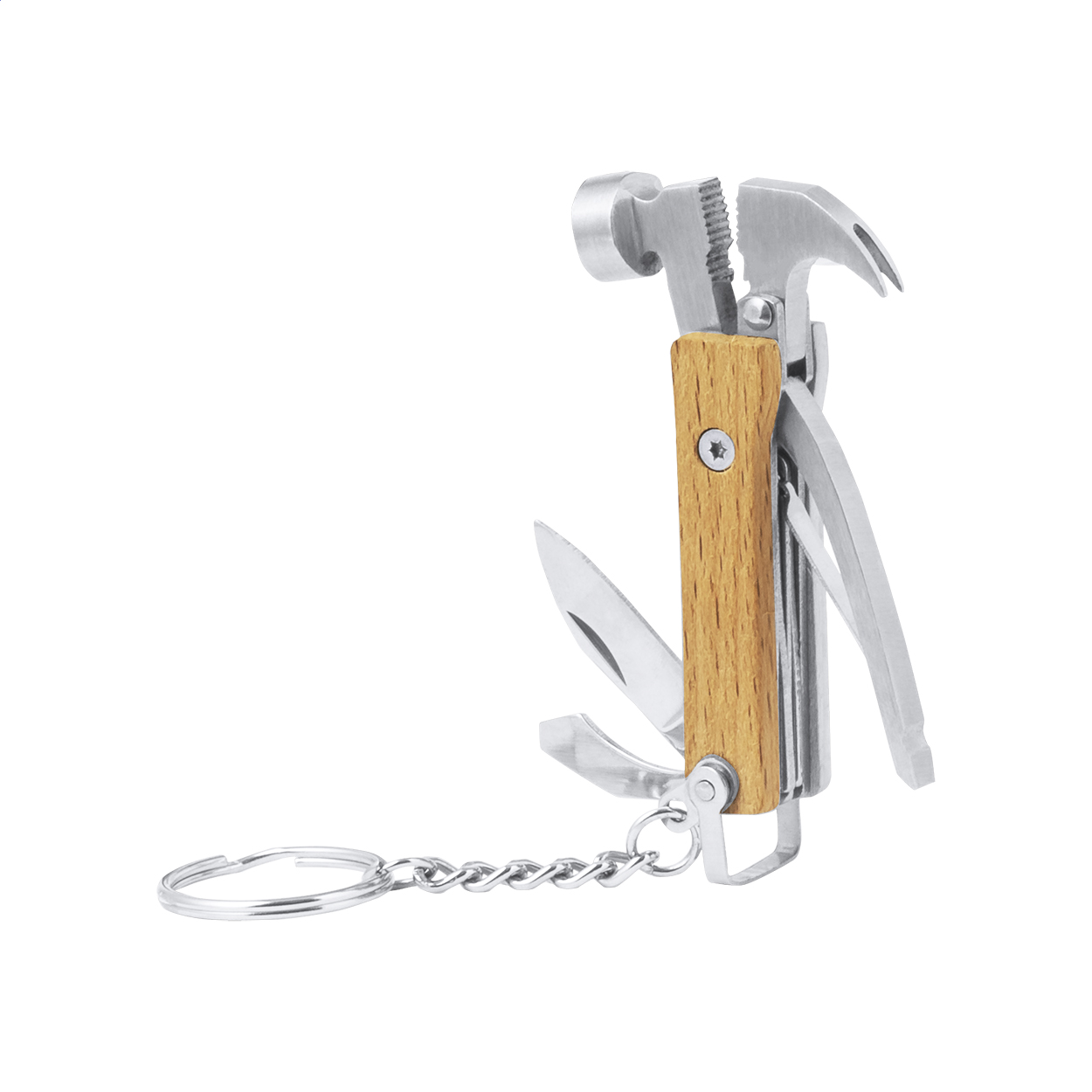Utensile multifunzione in acciaio inox con manico in legno e 7 funzioni — gadget promozionale personalizzabile con il tuo logo