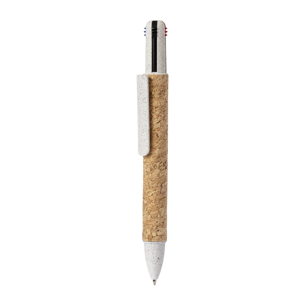 Penna a sfera in plastica ecologica di paglia di grano con fusto rivestito in sughero naturale, impugnatura in gomma e refill blu — gadget promozionale personalizzabile con il tuo logo