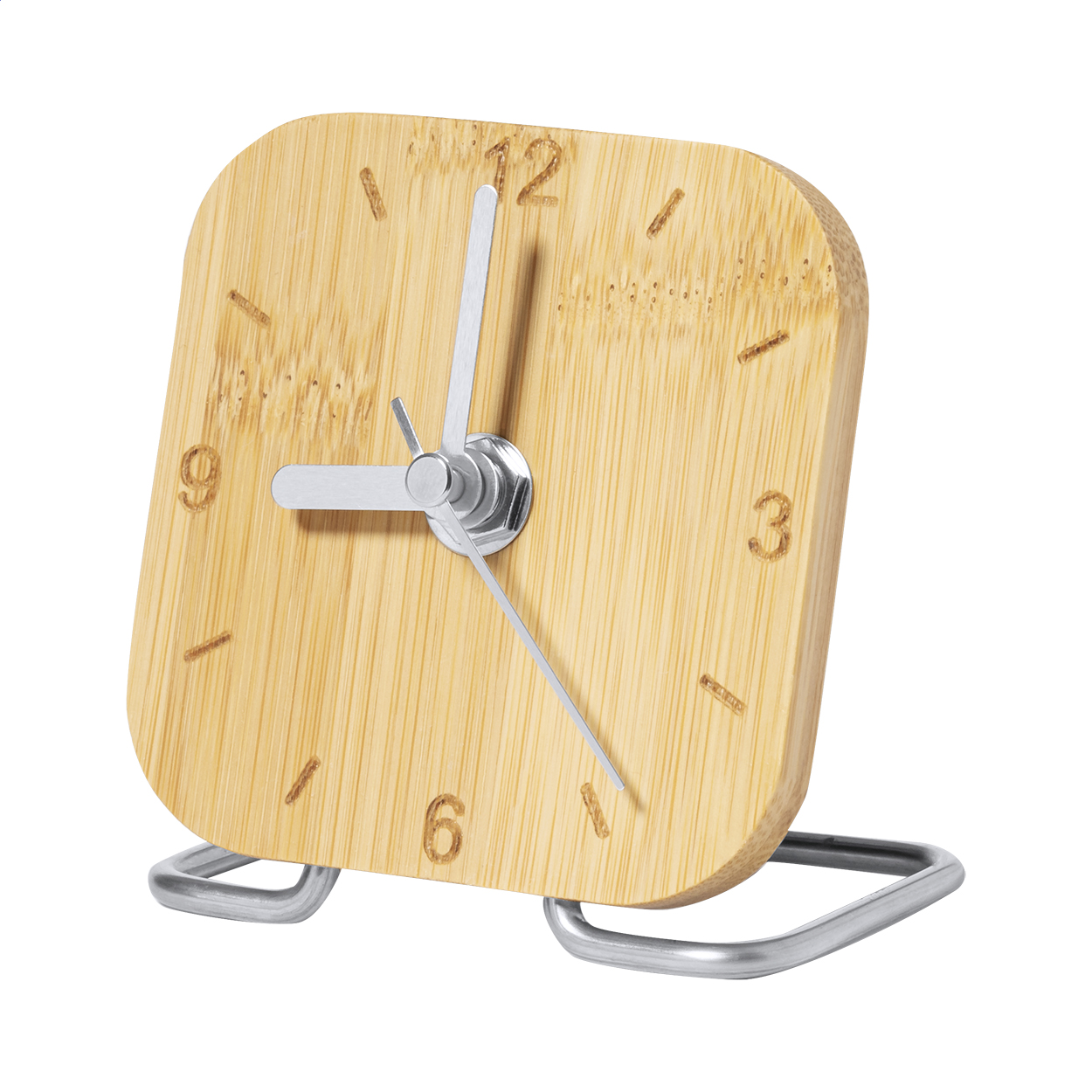 Orologio da tavolo in bambù e acciaio inox — gadget promozionale personalizzabile con il tuo logo