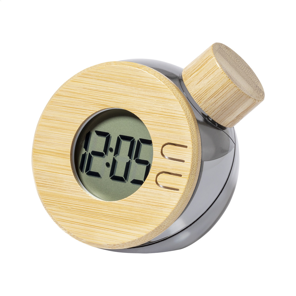 Orologio da tavolo digitale alimentato ad acqua con scocca in plastica e dettagli in bambù — gadget promozionale personalizzabile con il tuo logo