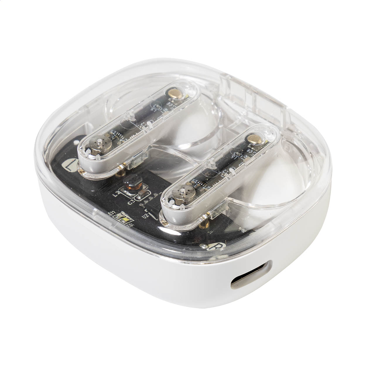 Auricolari stereo true wireless (TWS) semitrasparenti con componenti elettronici visibili e funzione di chiamata in vivavoce — gadget promozionale personalizzabile con il tuo logo