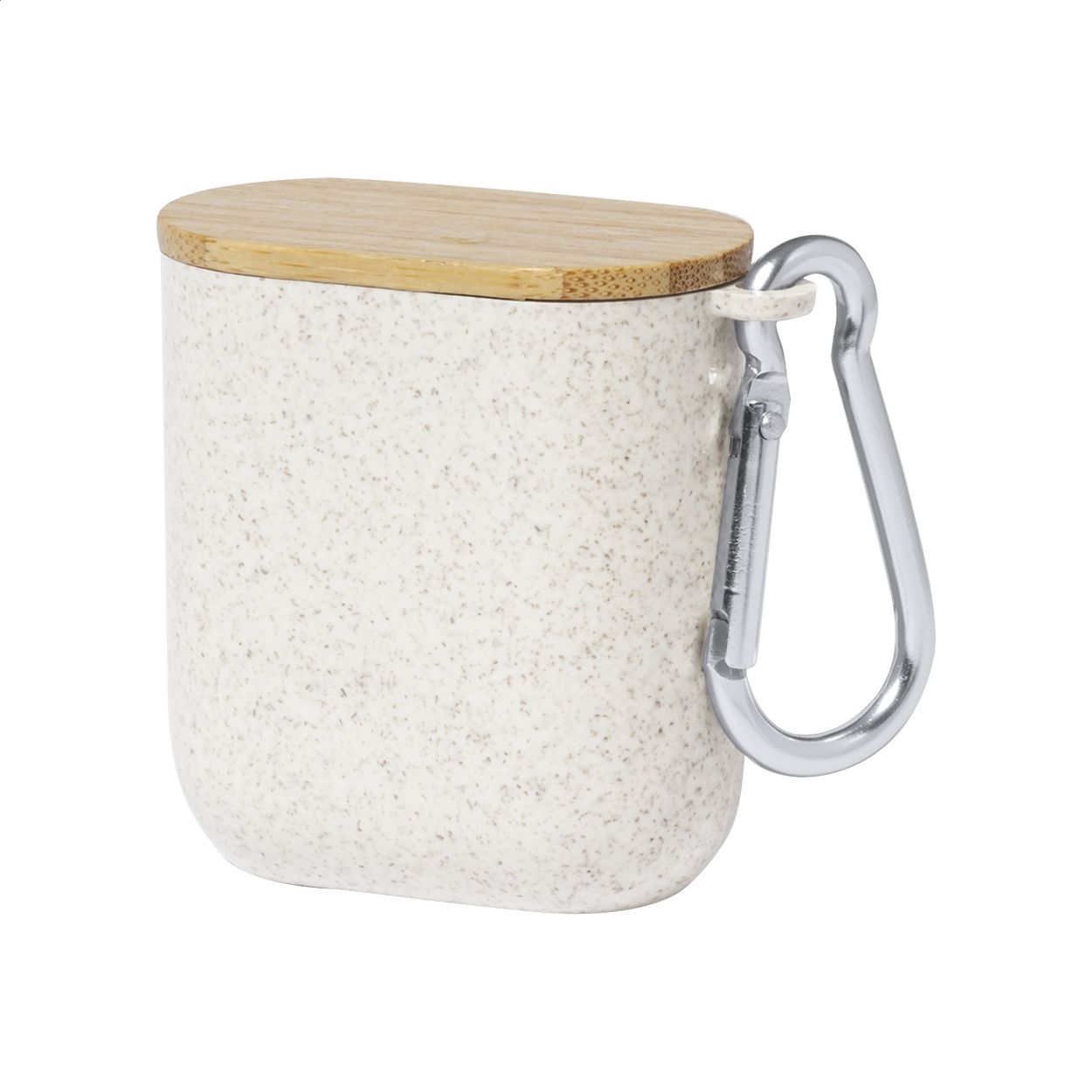 Cavo di ricarica USB in astuccio di plastica ecologica in paglia di grano con moschettone e coperchio portacellulare in bambù — gadget promozionale personalizzabile con il tuo logo