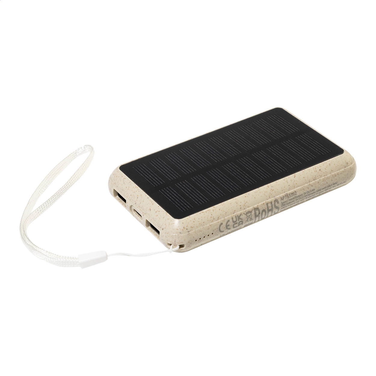 Power bank USB in plastica ecologica di paglia di grano con caricabatterie solare integrato e batteria da 5000 mAh — gadget promozionale personalizzabile con il tuo logo