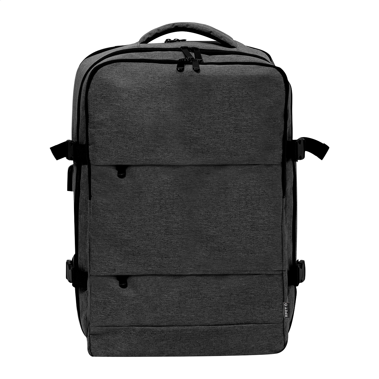 Zaino RPET resistente all'acqua con 3 scomparti principali con cerniera, 2 tasche anteriori con cerniera, tasca laterale con cerniera e tasca antifurto nascosta — gadget promozionale personalizzabile con il tuo logo
