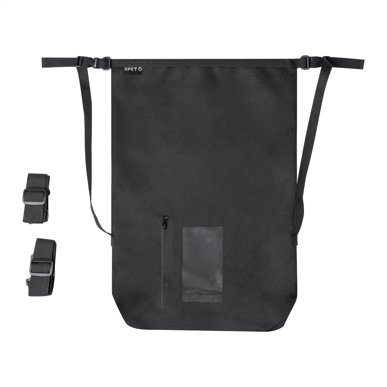 Sacca impermeabile in poliestere 300D RPET con tasca per dispositivo capacitivo chiusa da cerniera e cinghie regolabili — gadget promozionale personalizzabile con il tuo logo