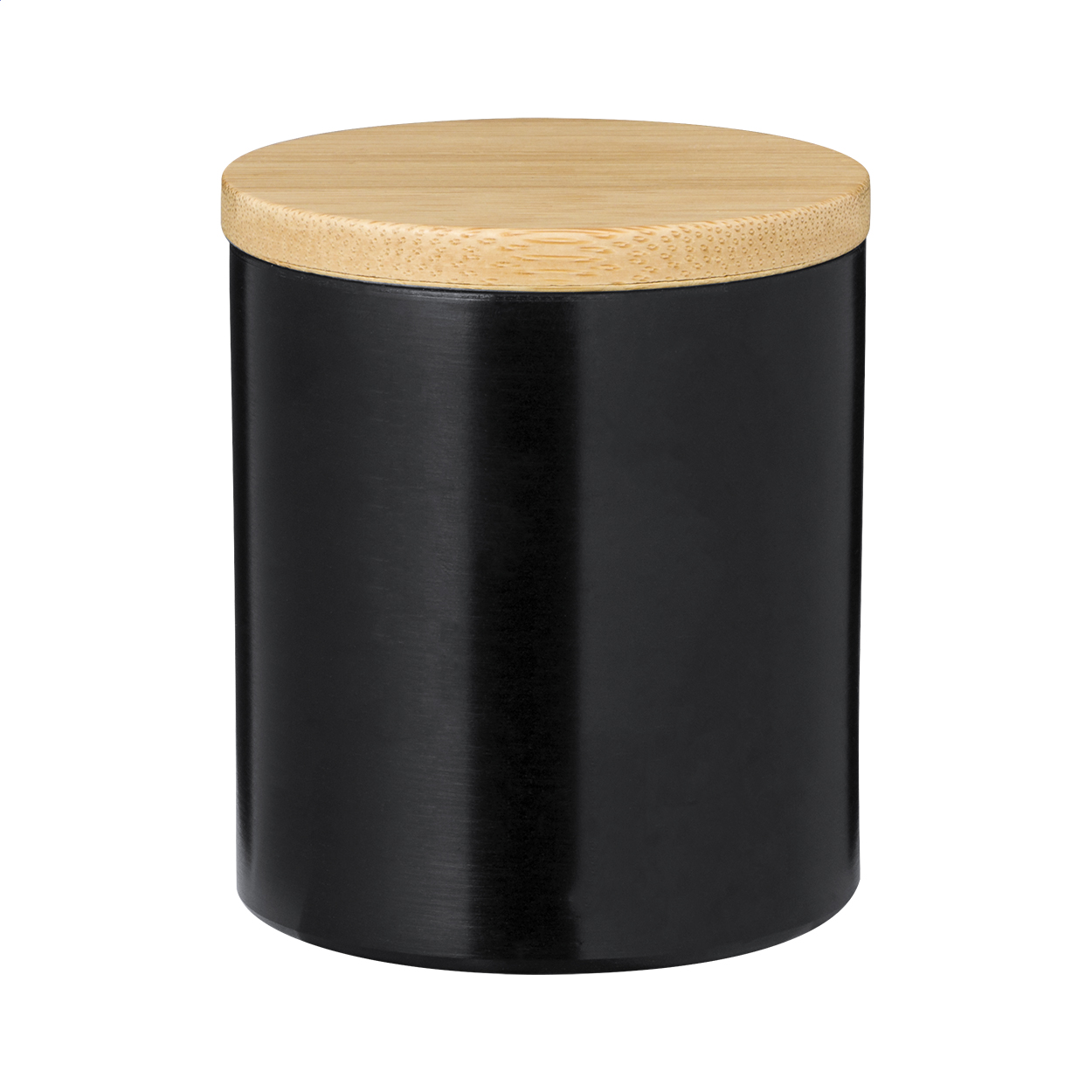 Candela profumata alla vaniglia in contenitore di alluminio con coperchio in bambù — gadget promozionale personalizzabile con il tuo logo