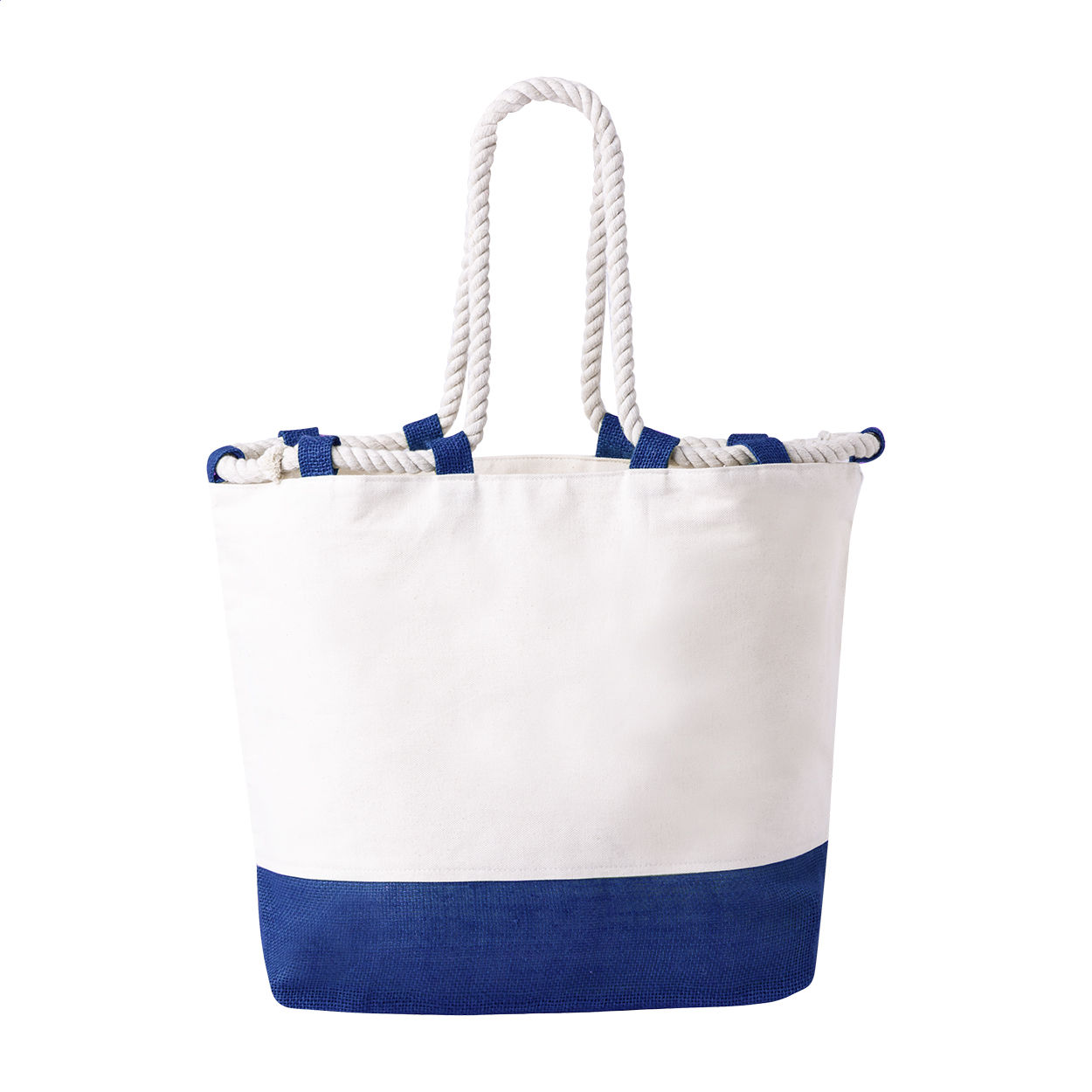 Borsa da spiaggia bicolore in juta e cotone con manici in corda intrecciata, 280 g/m² — gadget promozionale personalizzabile con il tuo logo