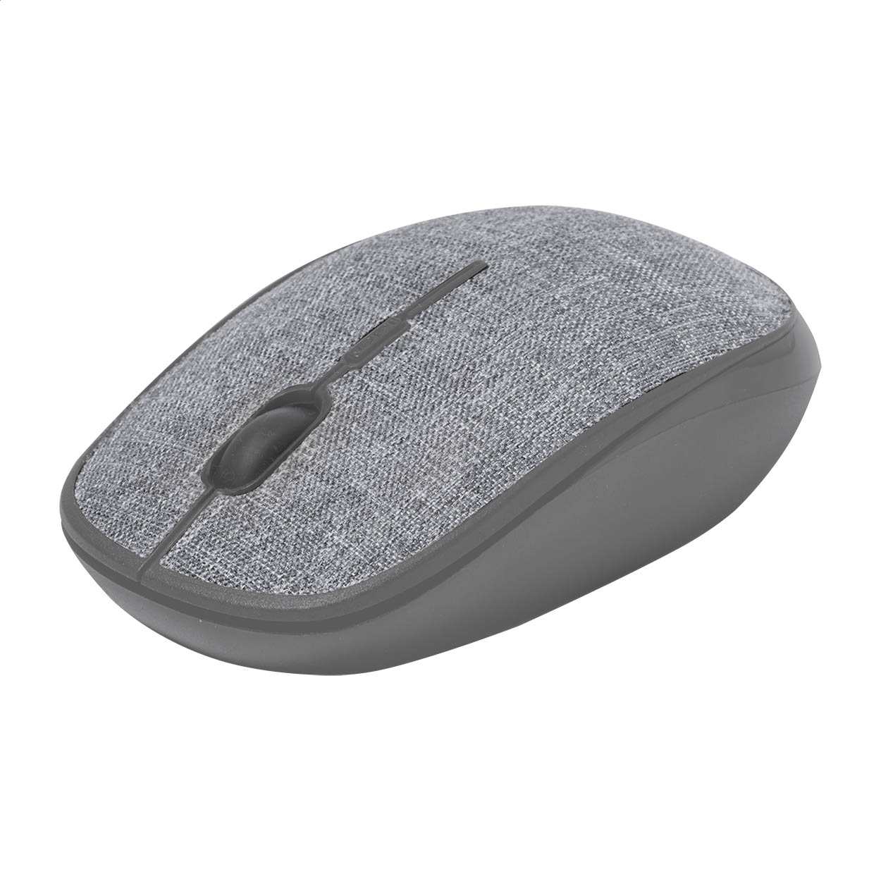 Mouse ottico wireless con struttura rivestita in poliestere RPET — gadget promozionale personalizzabile con il tuo logo