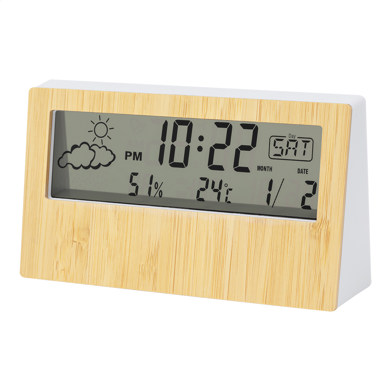 Orologio digitale e stazione meteorologica in bambù e plastica ABS, con termometro ed igrometro — gadget promozionale personalizzabile con il tuo logo