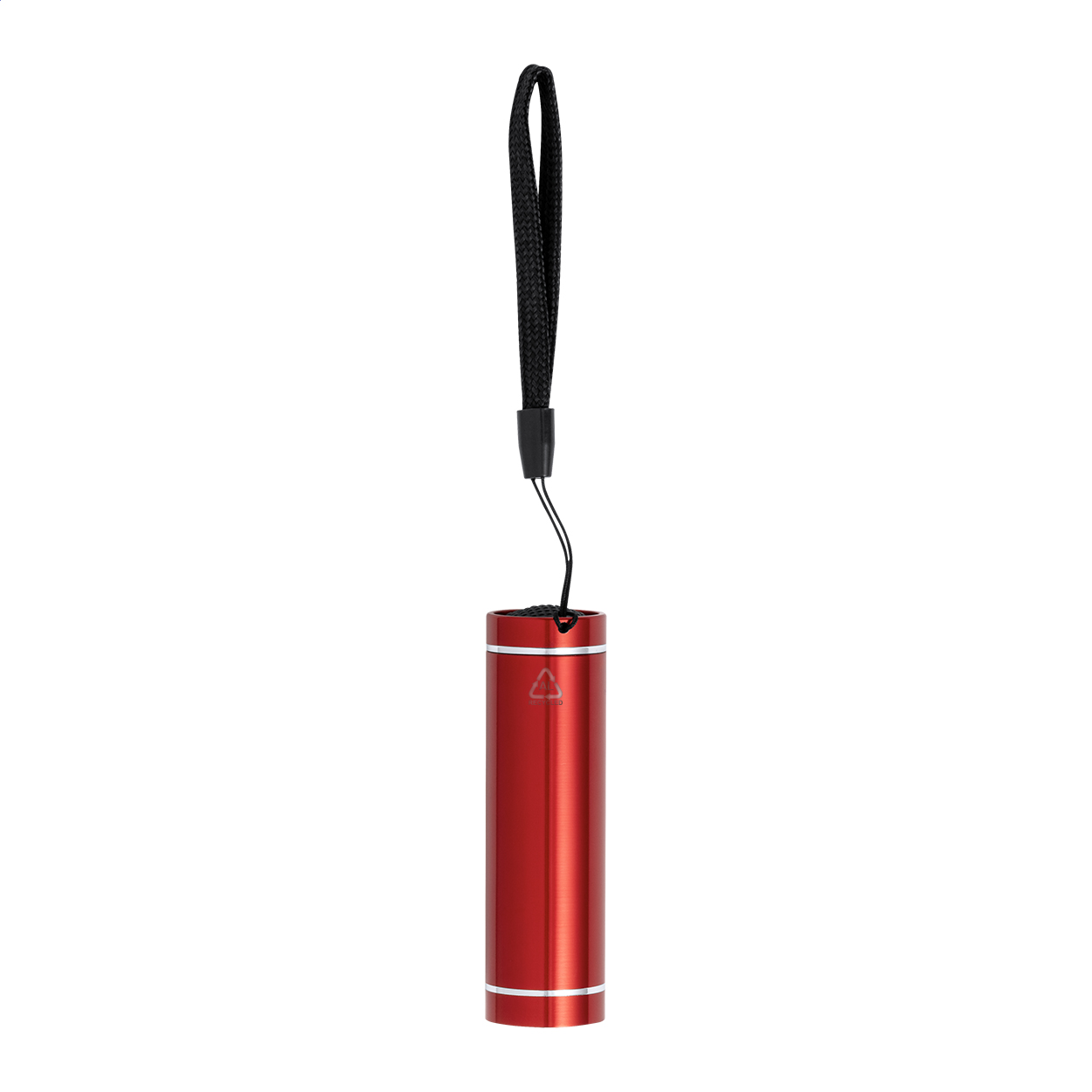 Torcia in alluminio riciclato a 1 LED con cinturino — gadget promozionale personalizzabile con il tuo logo