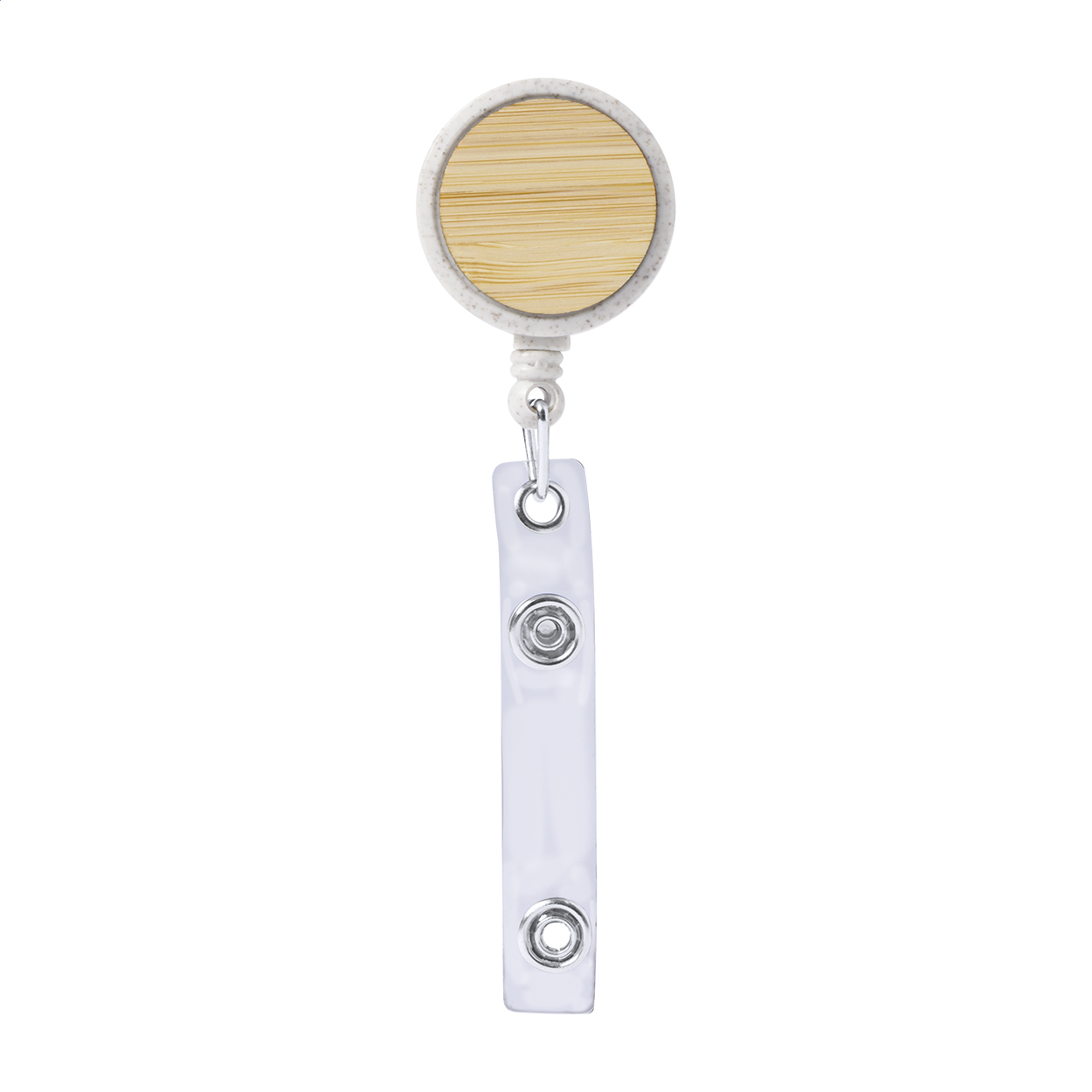 Porta pass in ecologica plastica di paglia di grano e bambù con chiusura a pressione, filo telescopico e clip in metallo — gadget promozionale personalizzabile con il tuo logo