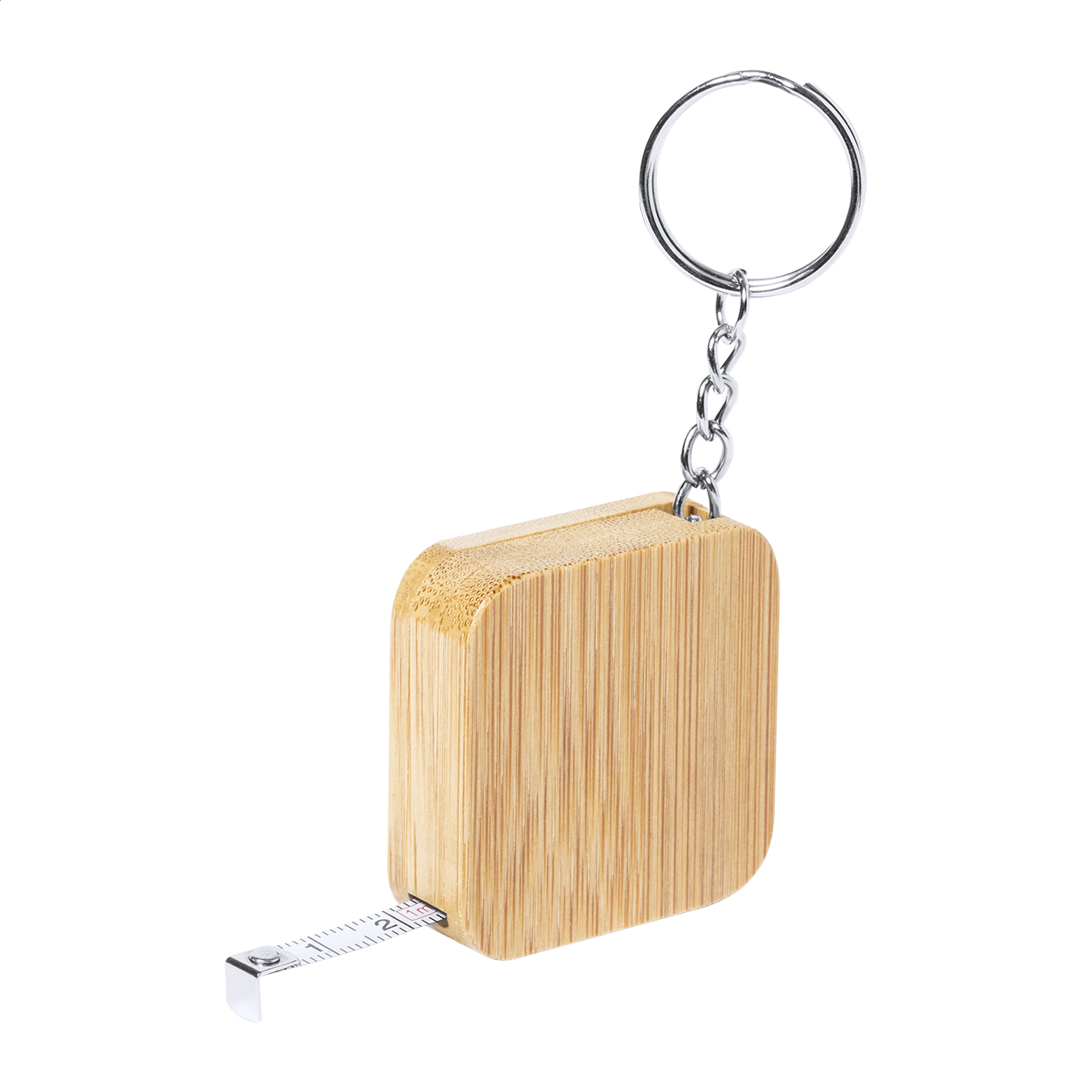Flessometro da 1mt in bambù con portachiavi in metallo — gadget promozionale personalizzabile con il tuo logo