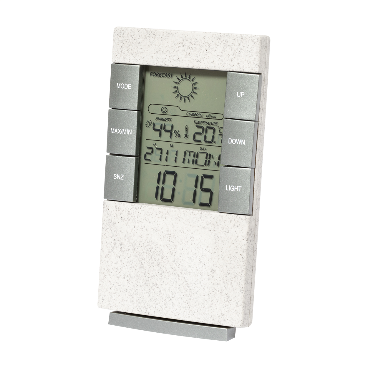 Orologio digitale e stazione meteorologica in plastica ecologica di paglia di grano con termometro ed igrometro — gadget promozionale personalizzabile con il tuo logo