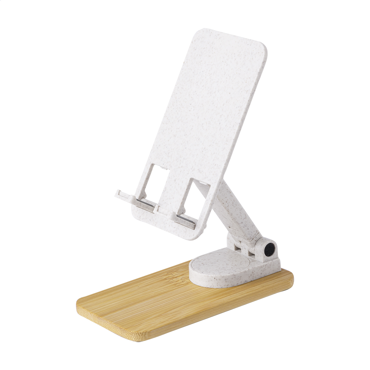 Supporto per cellulare da scrivania, in plastica ecologica di paglia di grano e bambù, pieghevole e regolabile — gadget promozionale personalizzabile con il tuo logo