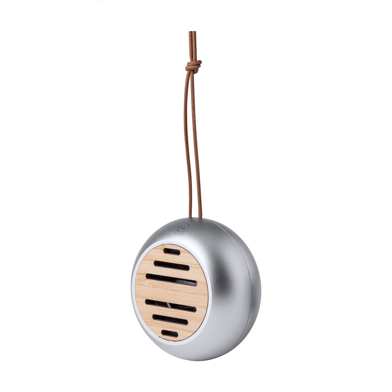 Altoparlante wireless in alluminio riciclato con rete in bambù e cinghia di trasporto in pelle PU — gadget promozionale personalizzabile con il tuo logo