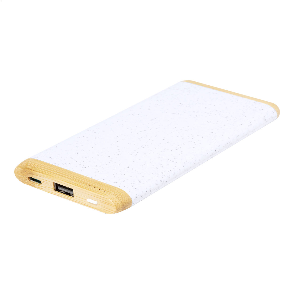 Power bank USB in bambù e plastica ecologica di paglia di grano con batteria da 5000 mAh, porta di ingresso USB-C, 1 porta di ricarica USB e 1 USB-C — gadget promozionale personalizzabile con il tuo logo