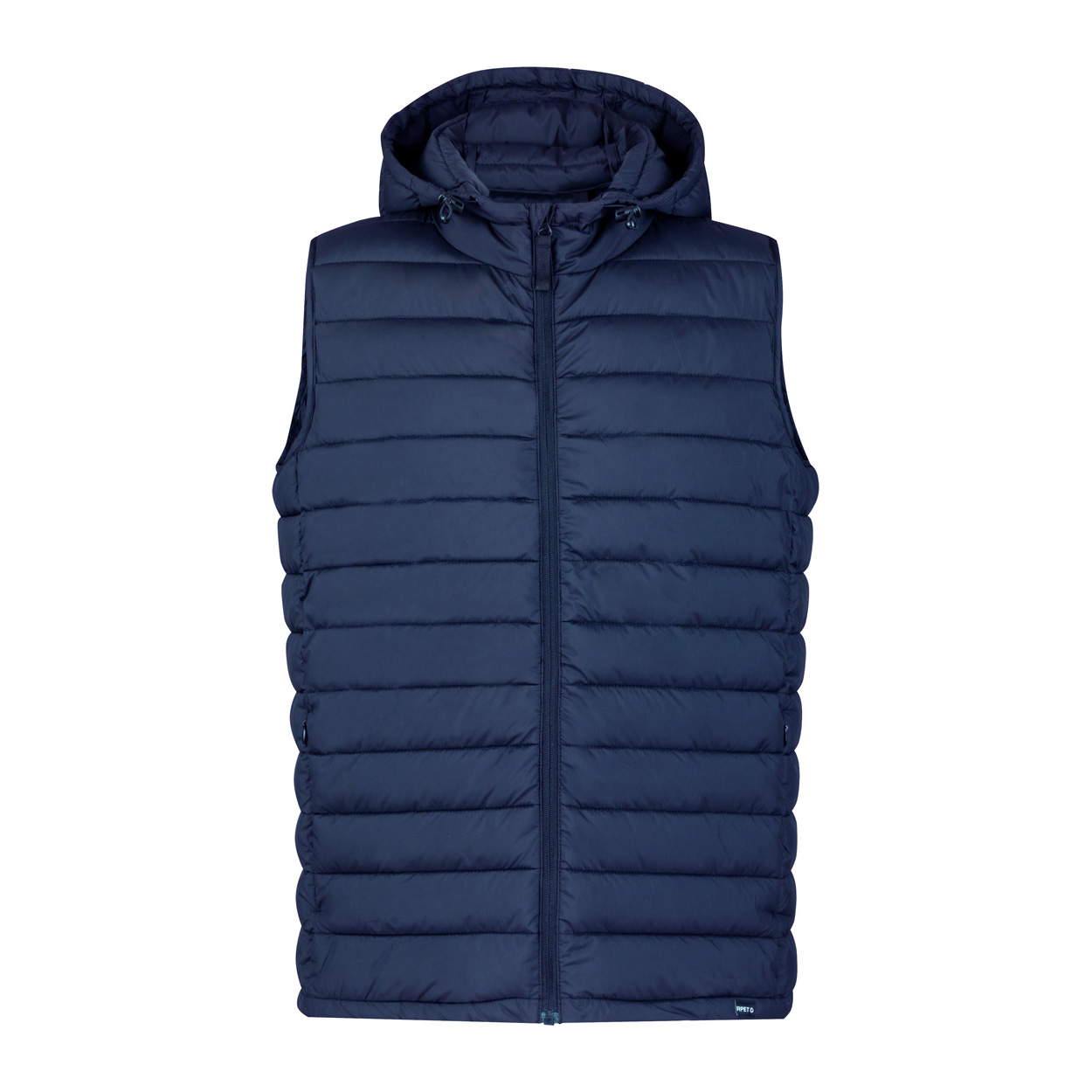 Gilet invernale in 100% poliestere RPET resistente all'acqua e al vento, con tasche laterali chiuse da cerniera, cappuccio regolabile ed etichetta RPET — gadget promozionale personalizzabile con il tuo logo
