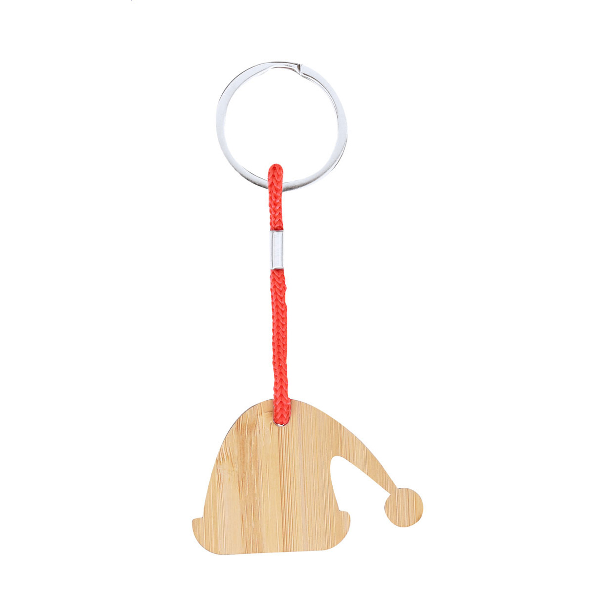 Portachiavi natalizio in compensato di bambù con nastro rosso e anello in metallo — gadget promozionale personalizzabile con il tuo logo