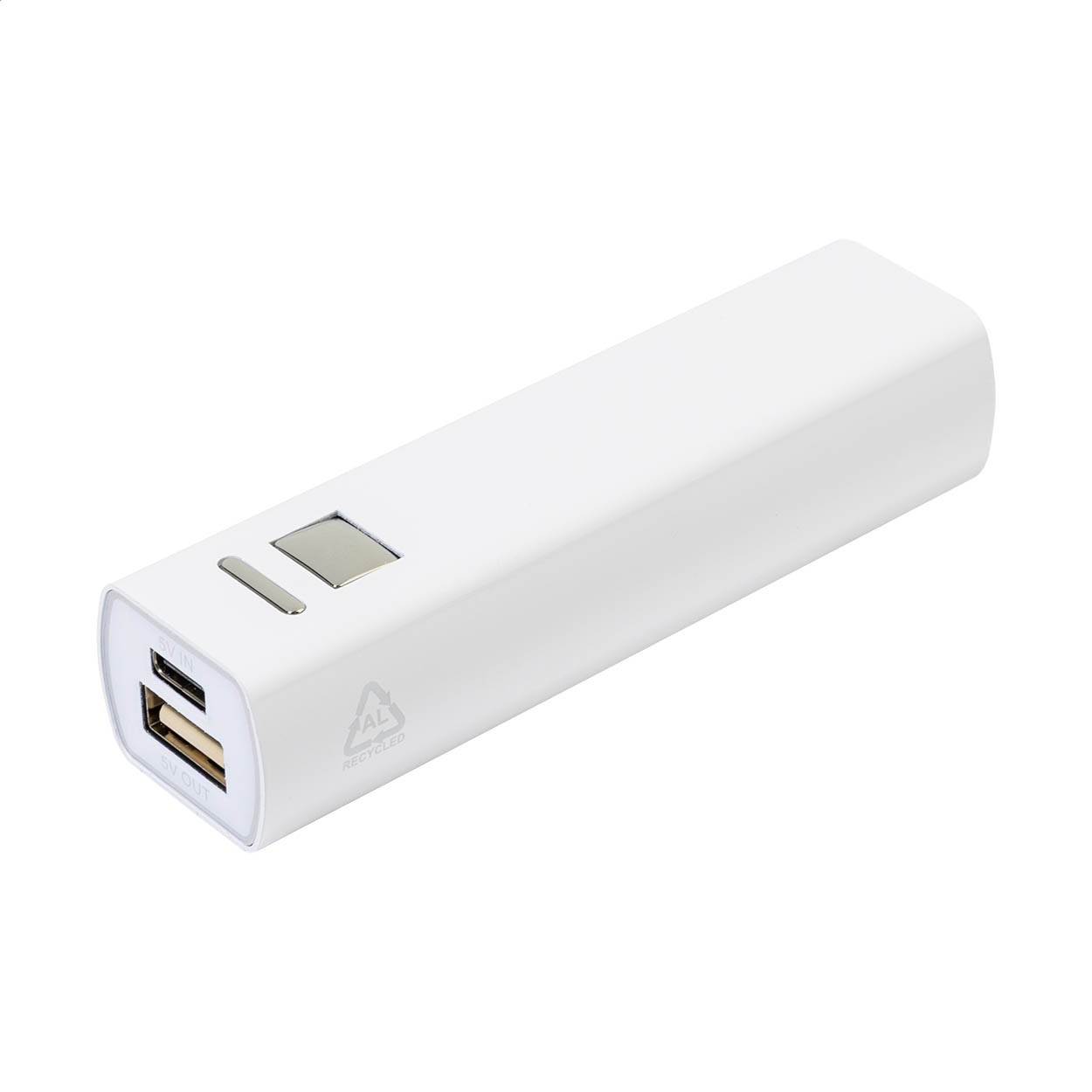 Power bank in alluminio riciclato con batteria da 2600 mAh — gadget promozionale personalizzabile con il tuo logo