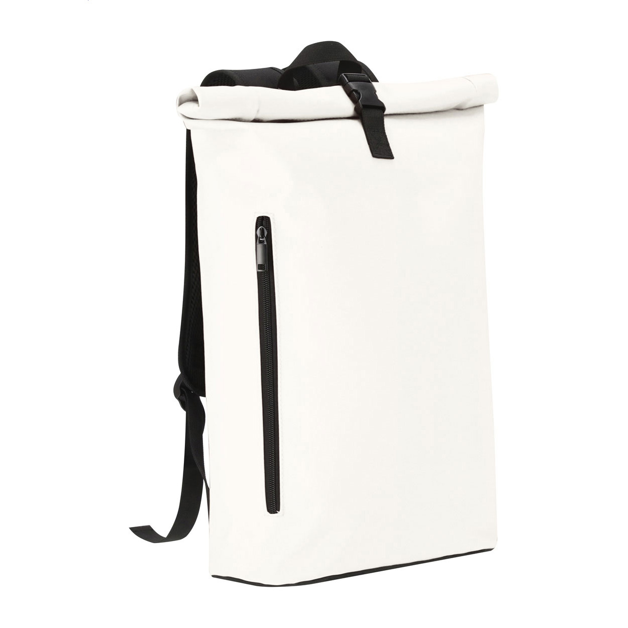 Zaino rolltop in morbida pelle PU con chiusura a fibbia, scomparto imbottito per laptop (15"), schienale e spallacci imbottiti — gadget promozionale personalizzabile con il tuo logo