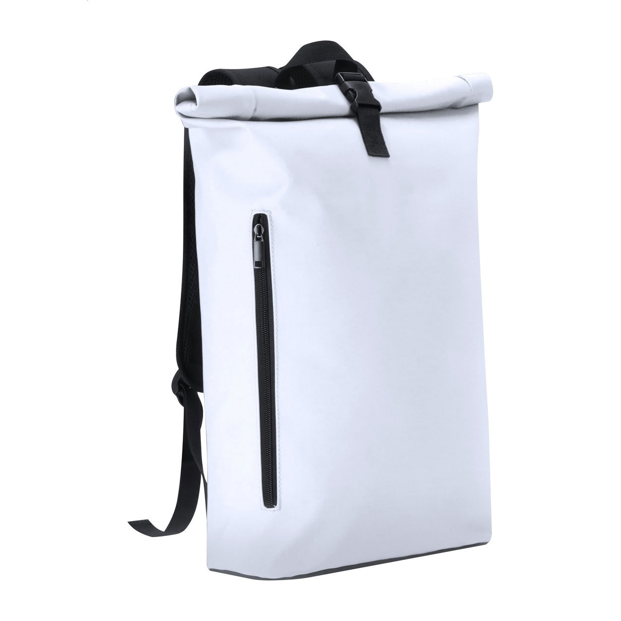 Zaino rolltop in morbida pelle PU con chiusura a fibbia, tasca frontale chiusa da cerniera, scomparto imbottito per laptop (15"), schienale e spallacci imbottiti — gadget promozionale personalizzabile con il tuo logo