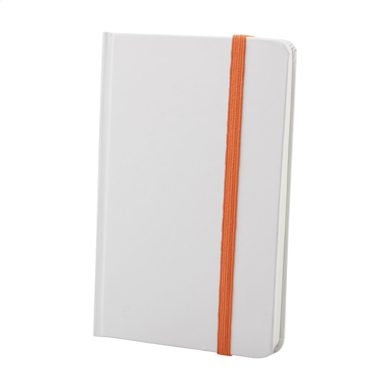 Quaderno con copertina in cartoncino da 80 fogli bianchi ed elastico chiusura colorato — gadget promozionale personalizzabile con il tuo logo