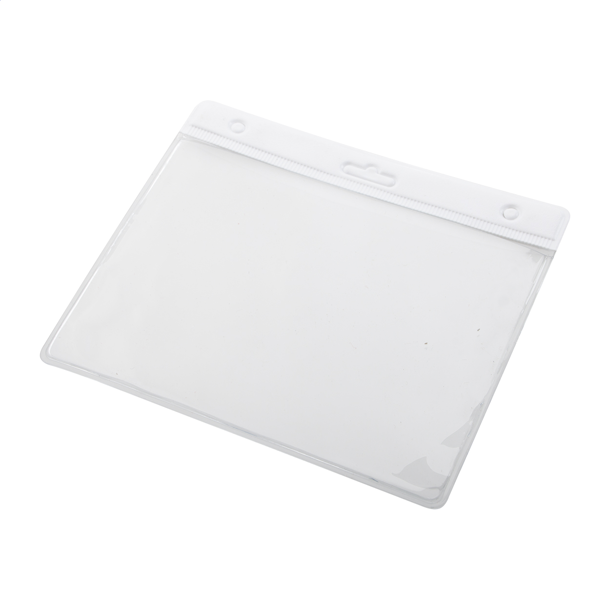 Porta badge in PVC trasparente con bordo colorato, indossabile a tracolla — gadget promozionale personalizzabile con il tuo logo