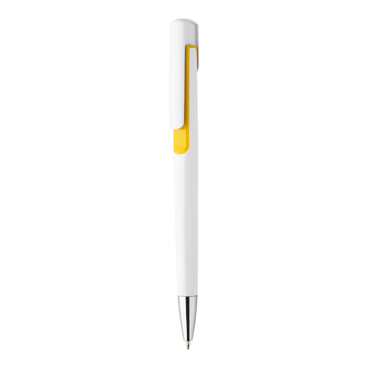 Penna a sfera in plastica bianca con particolari colorati e puntale cromato — gadget promozionale personalizzabile con il tuo logo