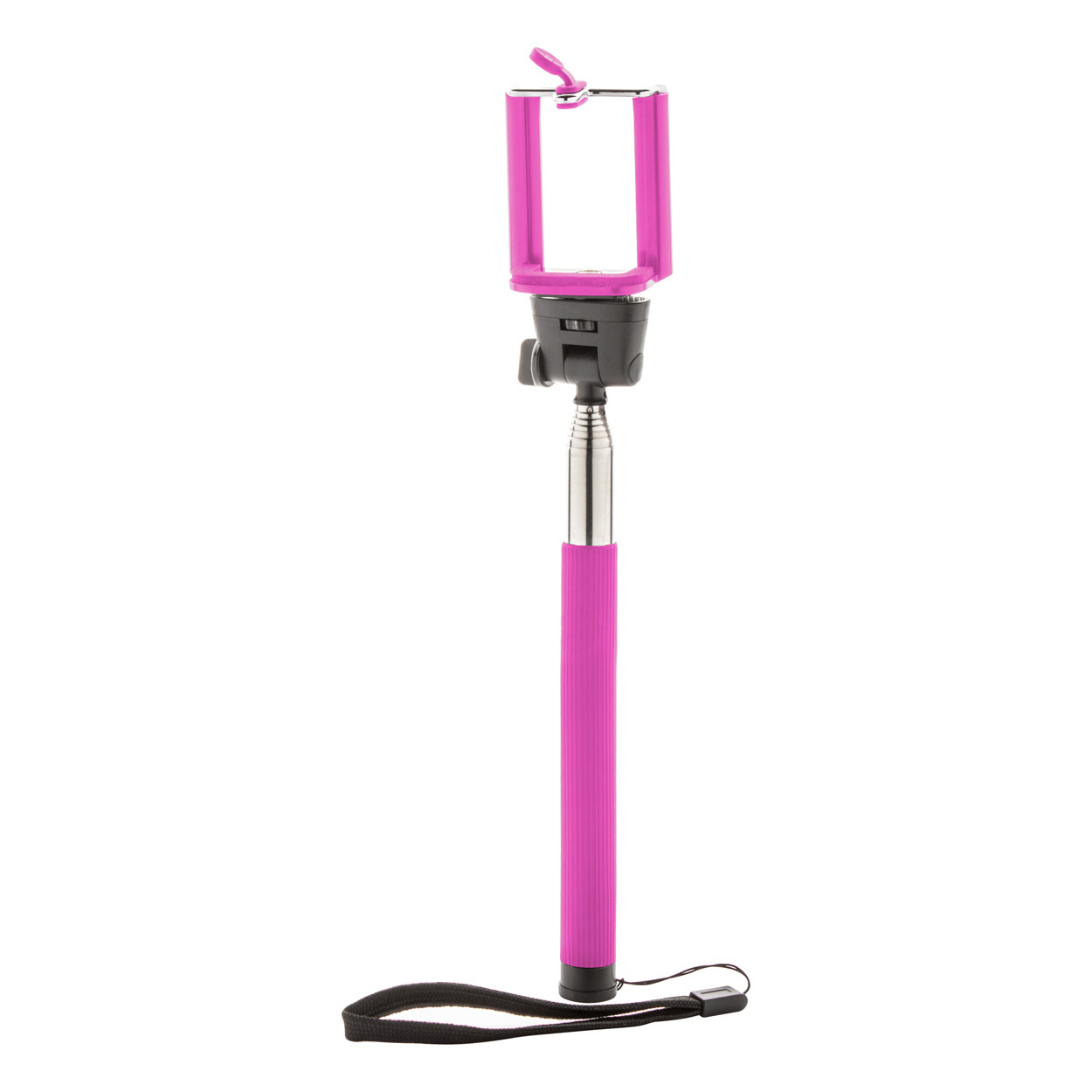 Monopiede telescopico con palmare in acciaio inox con impugnatura in gomma e supporto mobile universale — gadget promozionale personalizzabile con il tuo logo