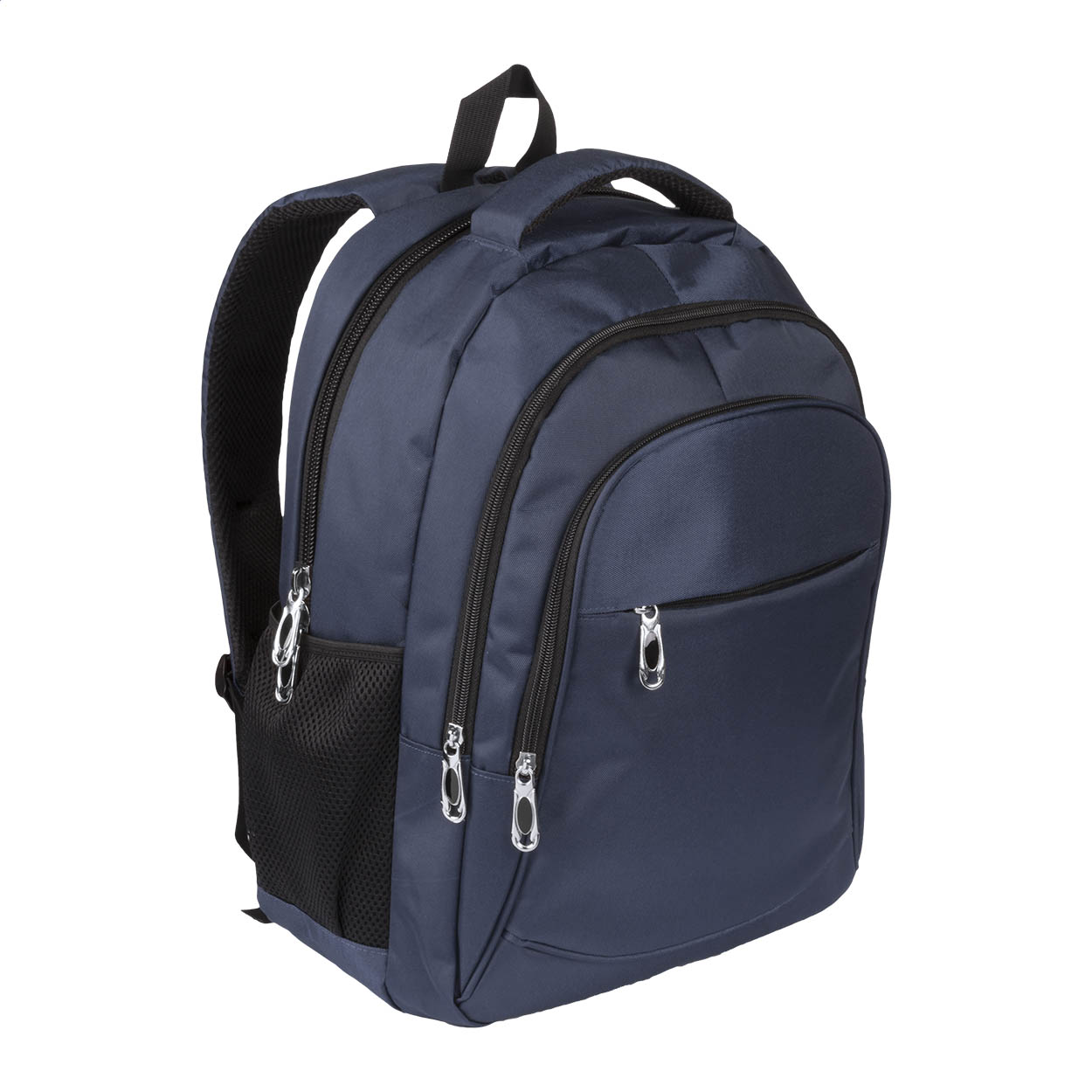 Zaino in nylon 600D con scomparti multipli chiusi da zip, tasca imbottita per laptop (15"), schiena e spallacci — gadget promozionale personalizzabile con il tuo logo