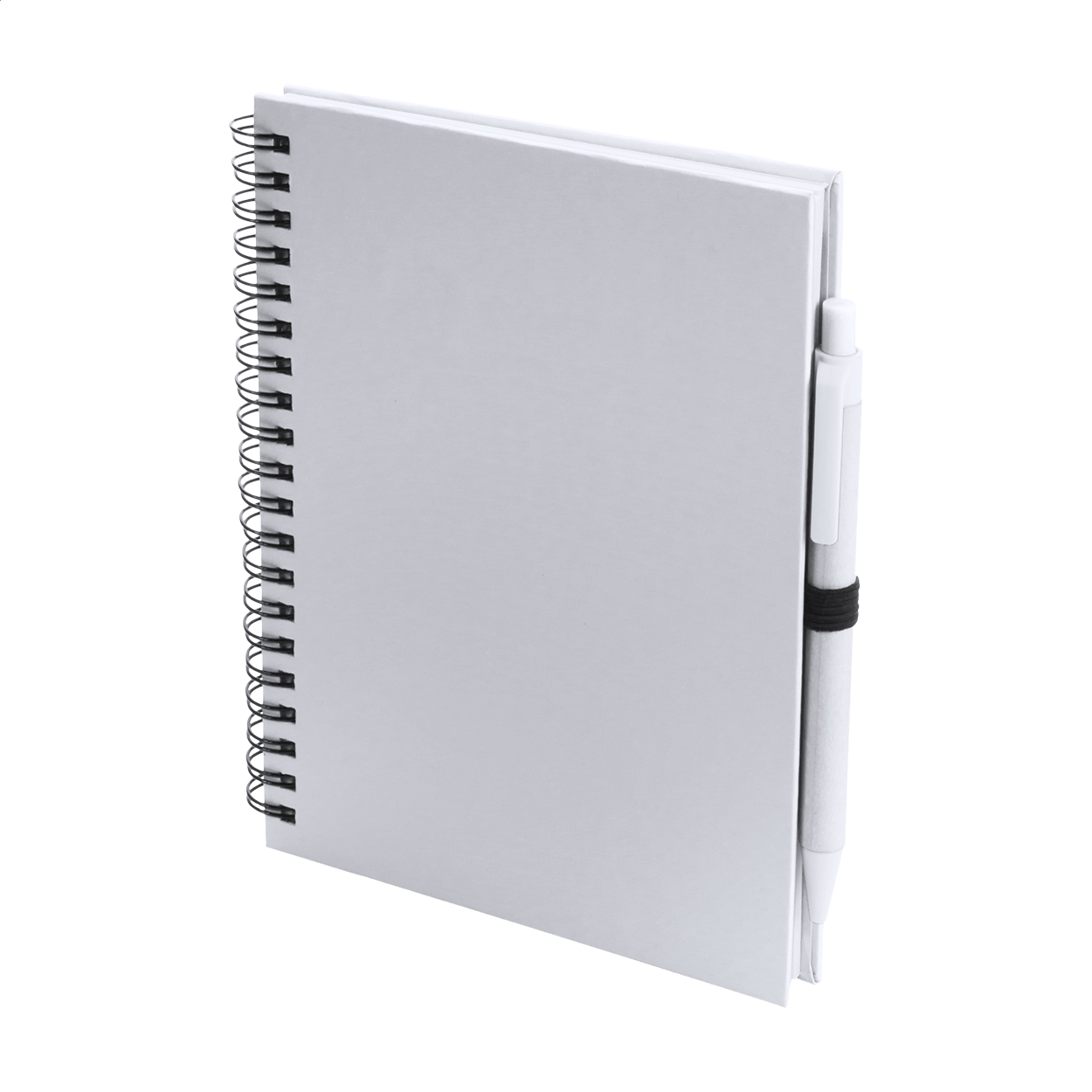 Quaderno con spirale, copertina in cartoncino, 70 fogli bianchi e penna a sfera con refill blu in cartone riciclato coordinata — gadget promozionale personalizzabile con il tuo logo
