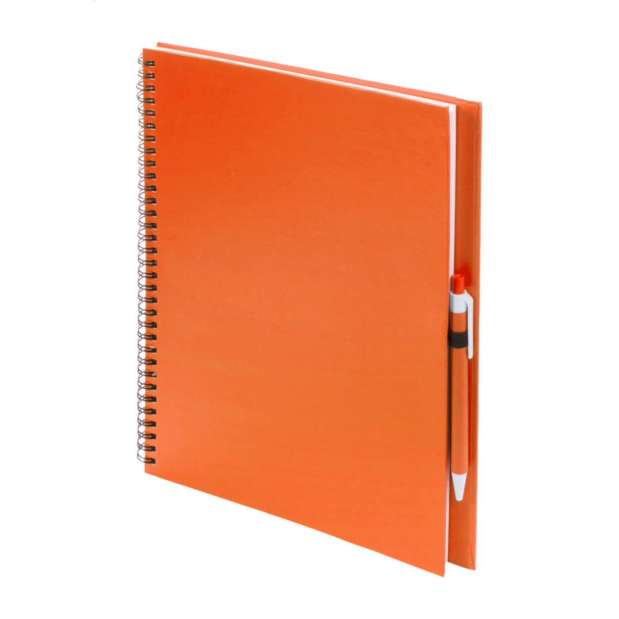 Quaderno con spirale formato A4, copertina in cartoncino, 80 fogli bianchi e penna a sfera con refill blu in cartone riciclato coordinata — gadget promozionale personalizzabile con il tuo logo