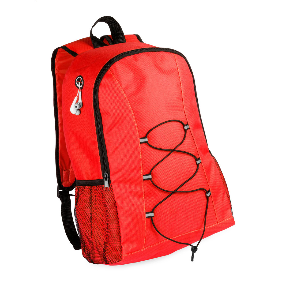 Zaino con spallacci regolabili, uscita cuffie, tasche laterali a rete e scomparto principale con zip — gadget promozionale personalizzabile con il tuo logo