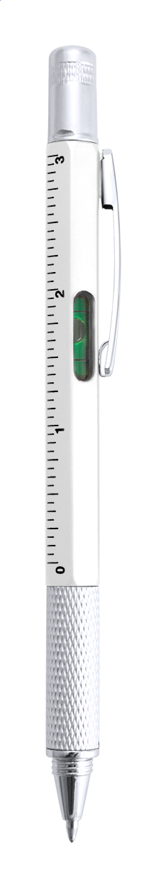 Penna a sfera in plastica con cacciavite piatto ed a stella, livella a bolla e righello da 7cm / 3 pollici — gadget promozionale personalizzabile con il tuo logo