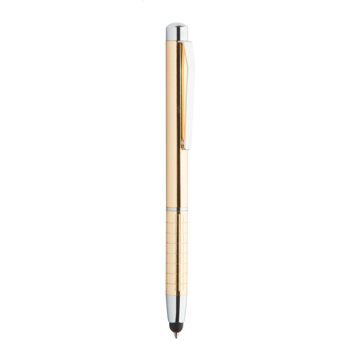 Penna a sfera in metallo con touch screen con impugnatura fresato — gadget promozionale personalizzabile con il tuo logo