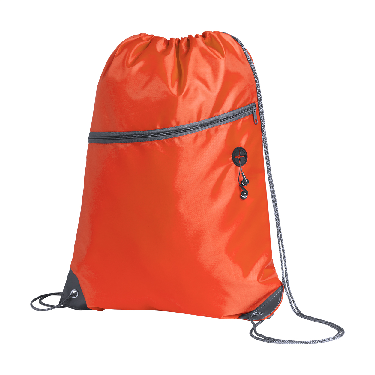 Sacca con chiusura a coulisse e tasca con cerniera ed uscita per auricolari, poliestere 210D — gadget promozionale personalizzabile con il tuo logo