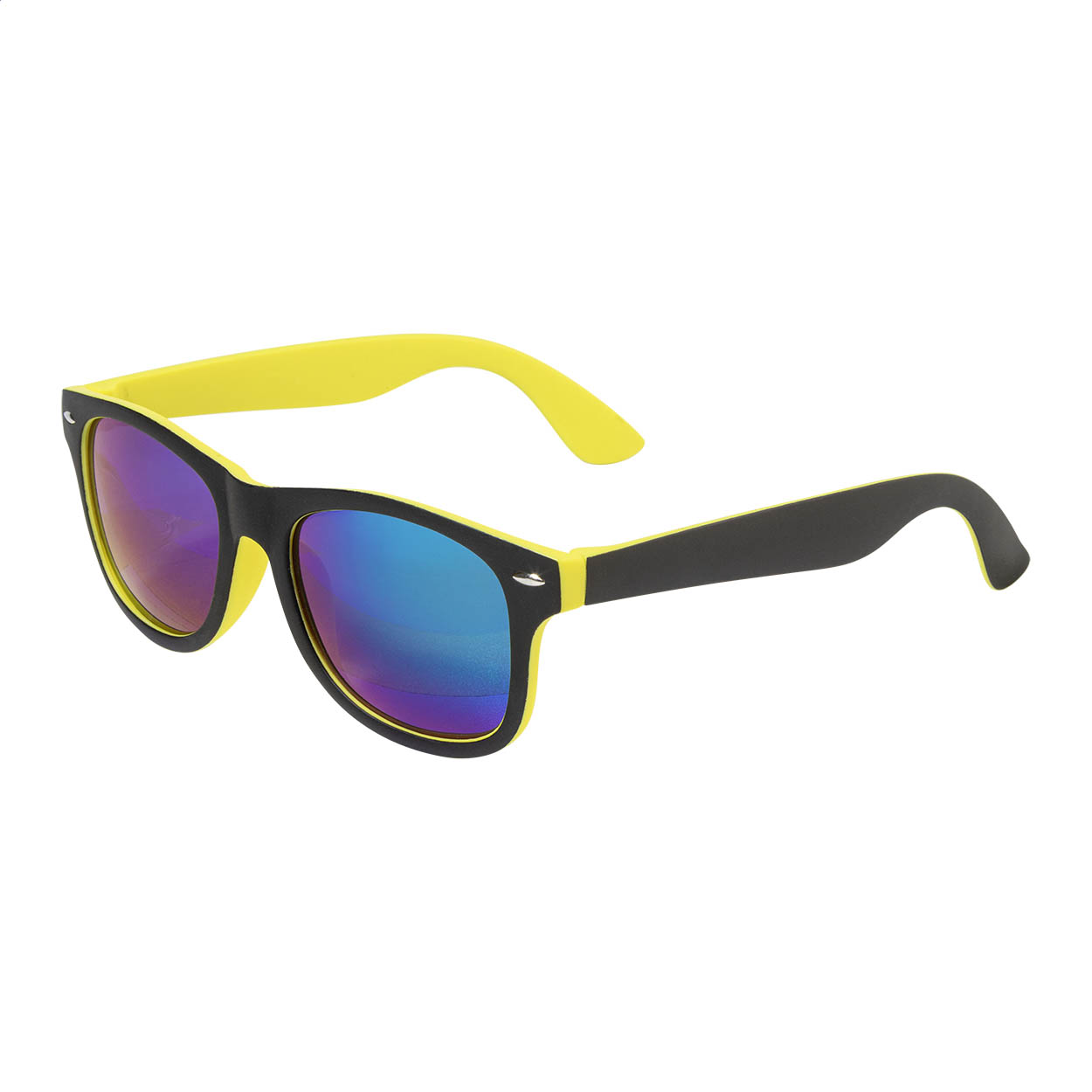 Occhiali da sole in plastica con montatura bicolore, lenti specchiate e protezione UV 400 — gadget promozionale personalizzabile con il tuo logo