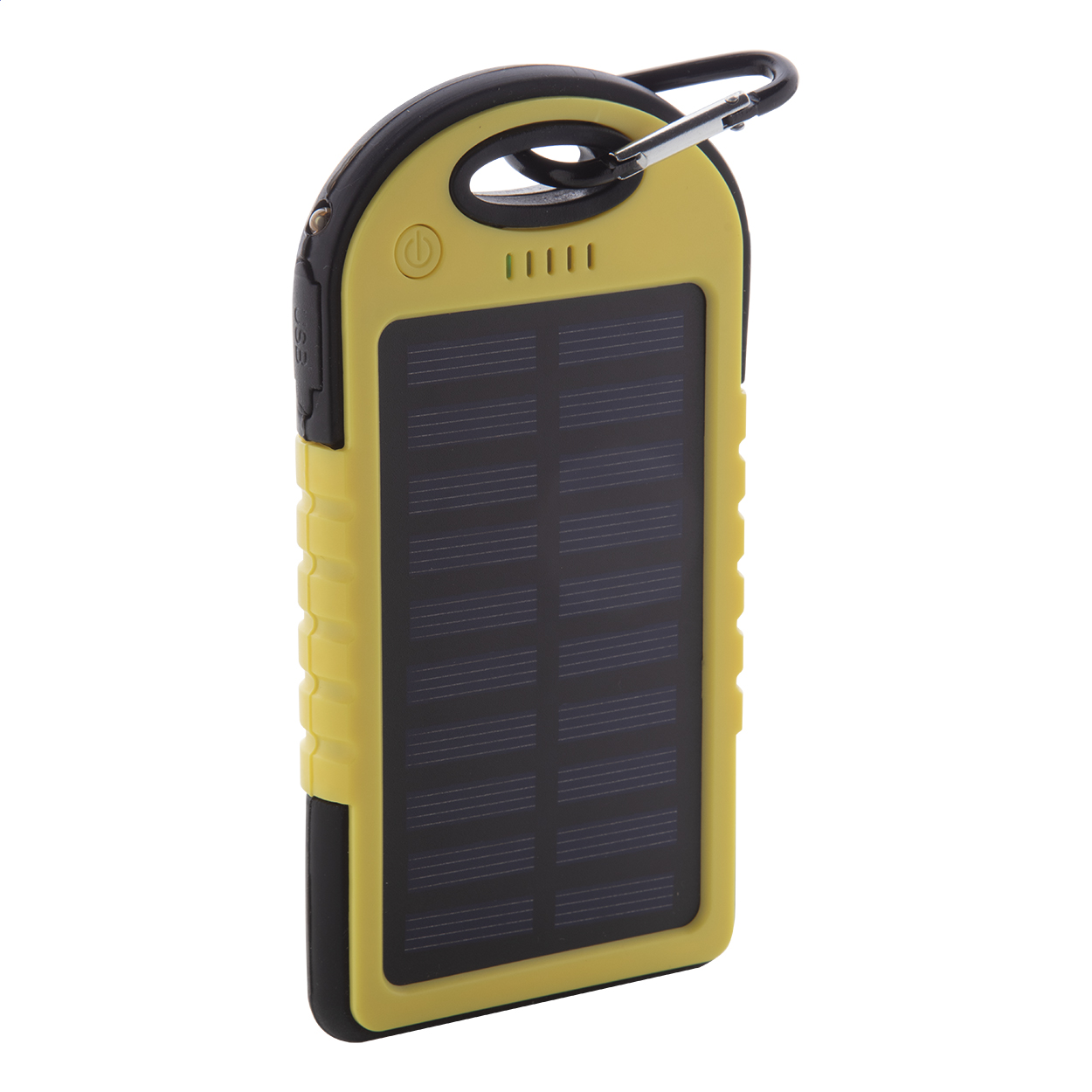 USB power bank da 4000 mAh a ricarica solare, corpo in plastica e silicone e 1 luce LED — gadget promozionale personalizzabile con il tuo logo