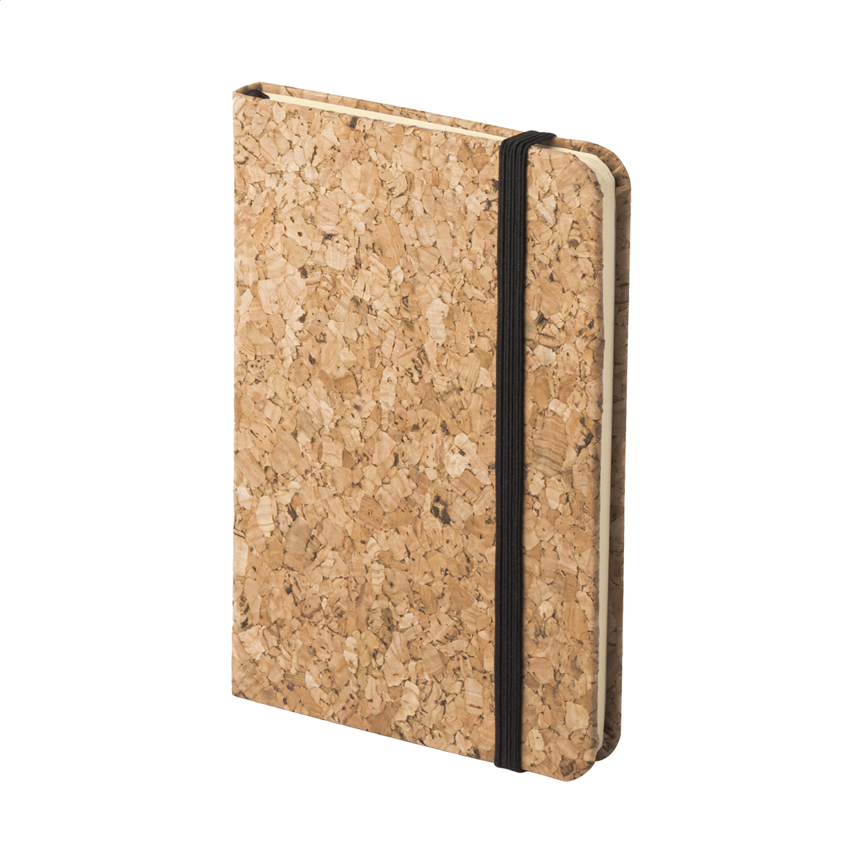 Quaderno con copertina in sughero, con 80 fogli bianchi ed elastico, A6 — gadget promozionale personalizzabile con il tuo logo