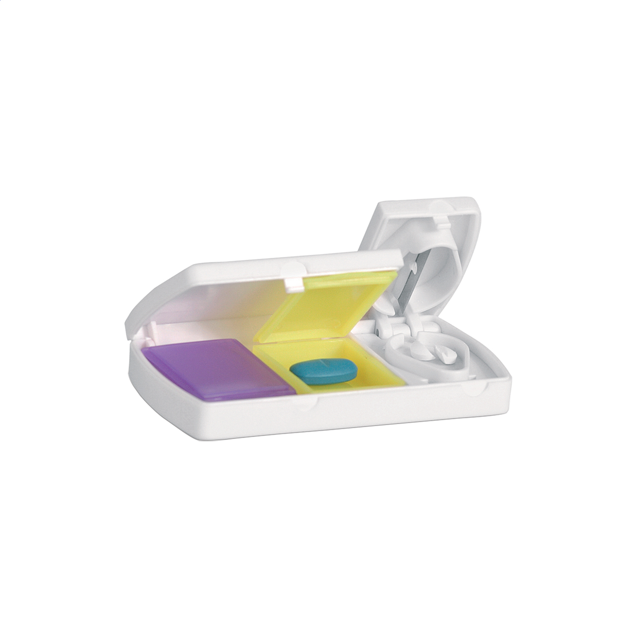 Portapillole in plastica con 2 scomparti e taglia pillole — gadget promozionale personalizzabile con il tuo logo