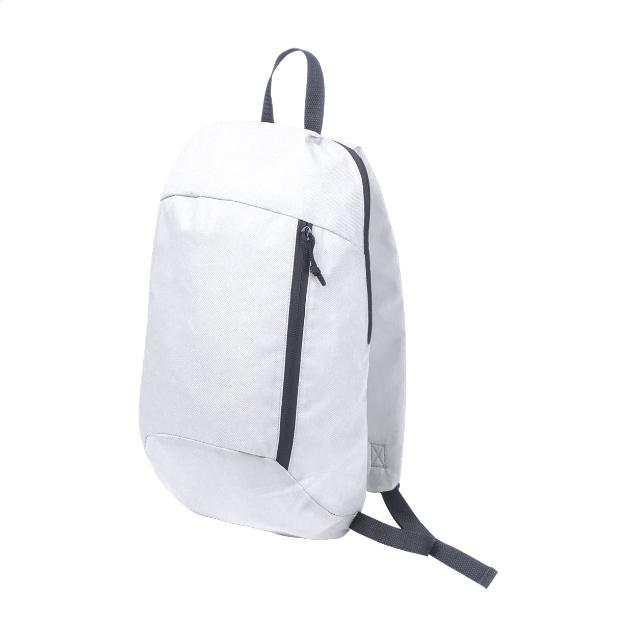 Zaino in poliestere 600D con schienale imbottito, spallacci regolabili e tasca frontale con zip — gadget promozionale personalizzabile con il tuo logo