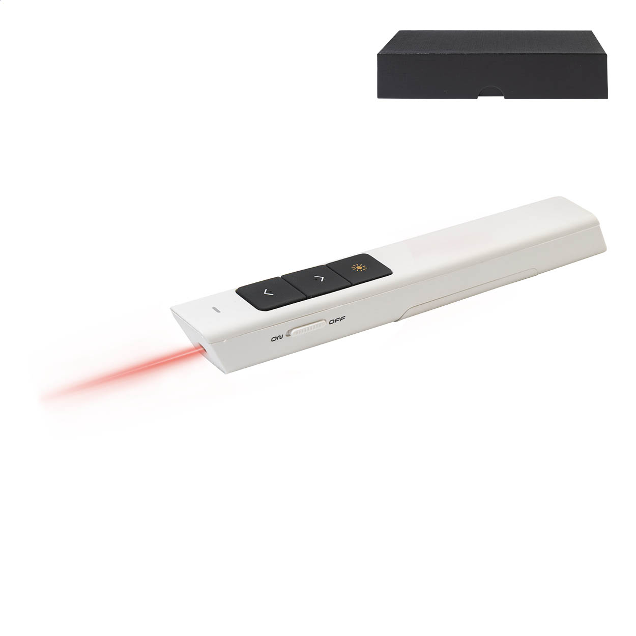 Puntatore laser in plastica a controllo remoto, luce LED e confezione regalo in cartoncino — gadget promozionale personalizzabile con il tuo logo