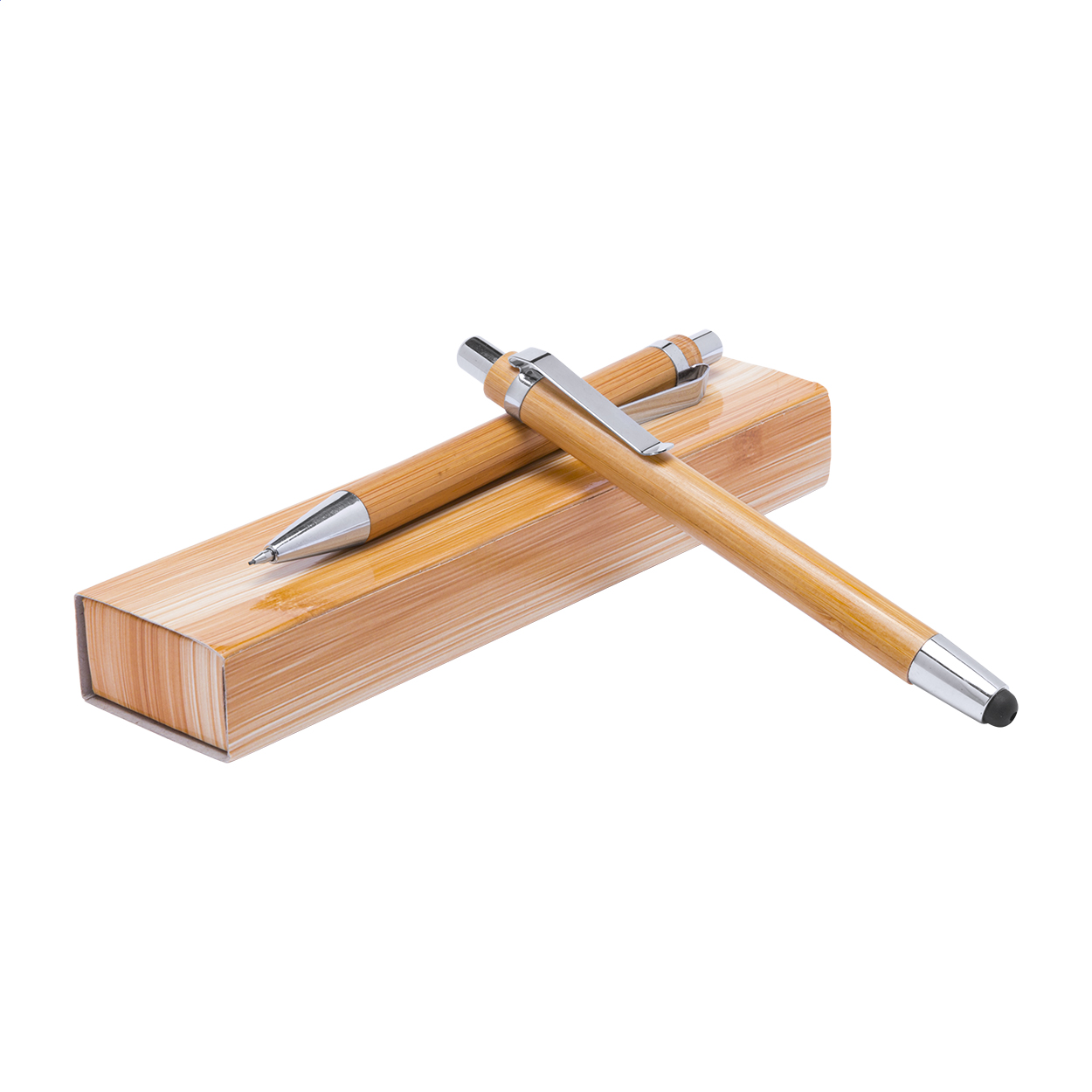Set penne in bambù, composto da penna a sfera capacitiva con refill blu e matita meccanica da 0,7 mm — gadget promozionale personalizzabile con il tuo logo