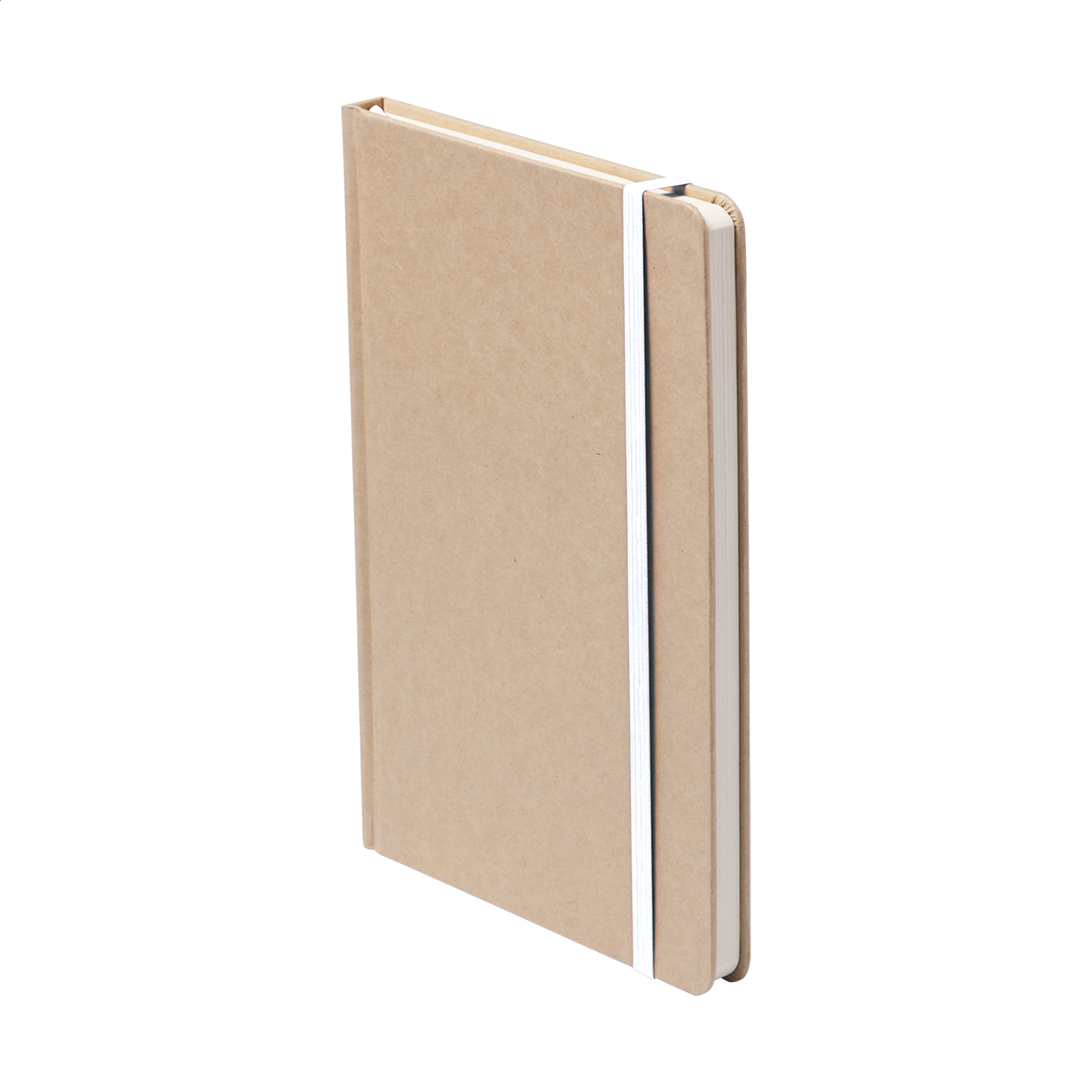 Quaderno con copertina in cartoncino e 100 fogli bianchi, segnalibro colorato ed elastico in gomma — gadget promozionale personalizzabile con il tuo logo