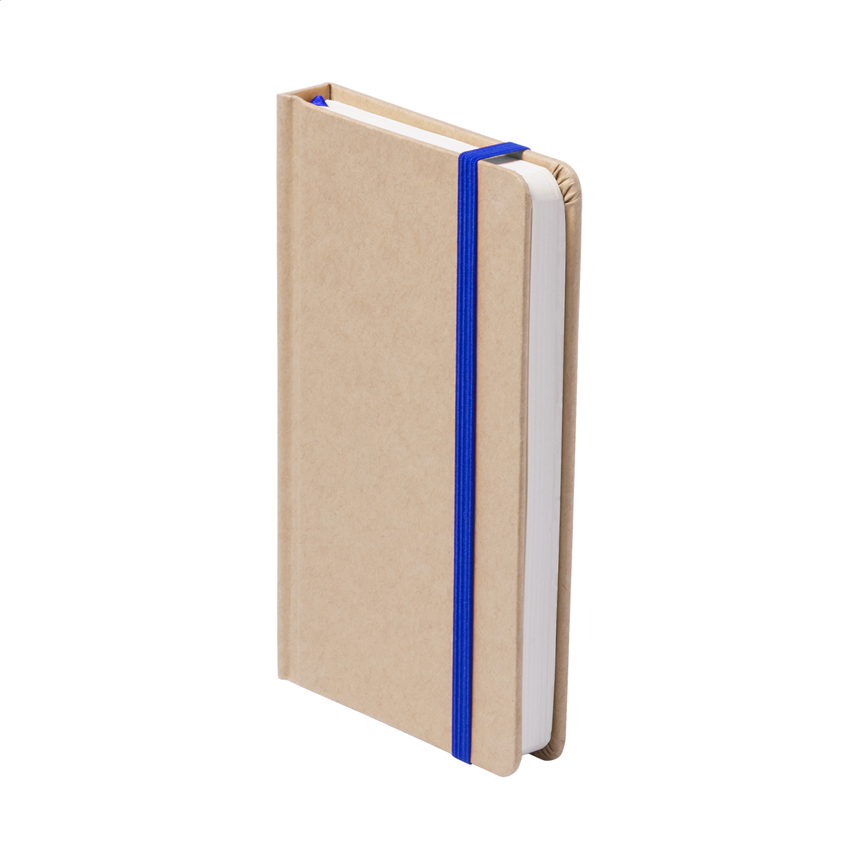 Quaderno con copertina in cartoncino e 100 fogli bianchi, segnalibro colorato ed elastico in gomma — gadget promozionale personalizzabile con il tuo logo