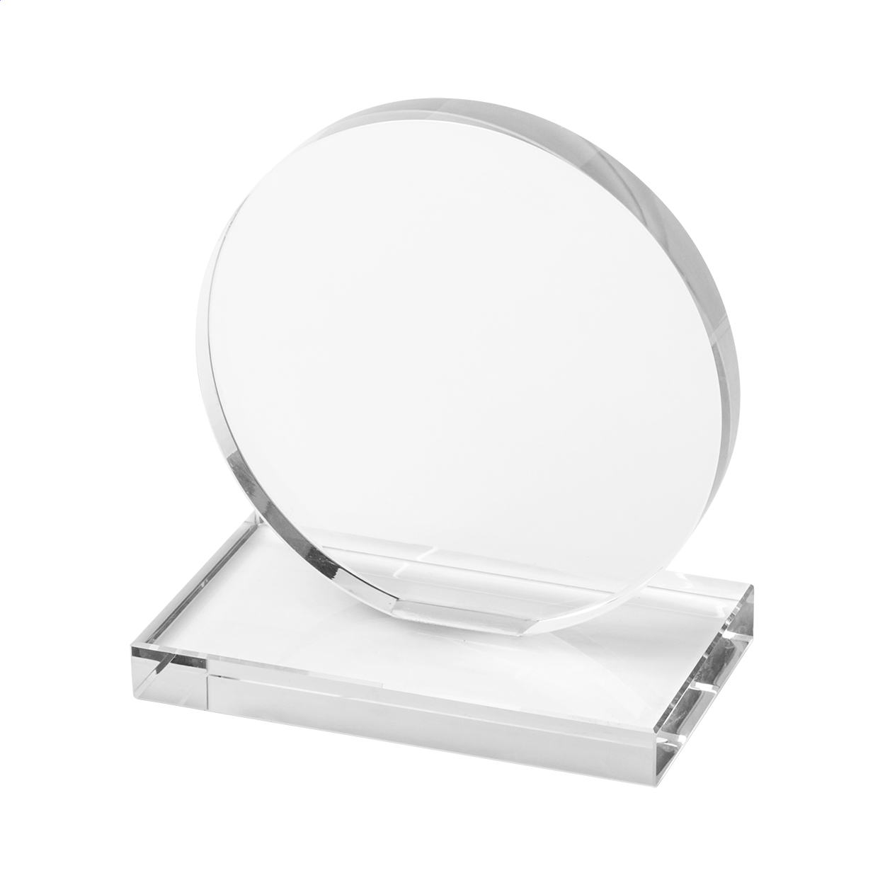 Trofeo in vetro di forma rotonda, in scatola regalo nera — gadget promozionale personalizzabile con il tuo logo