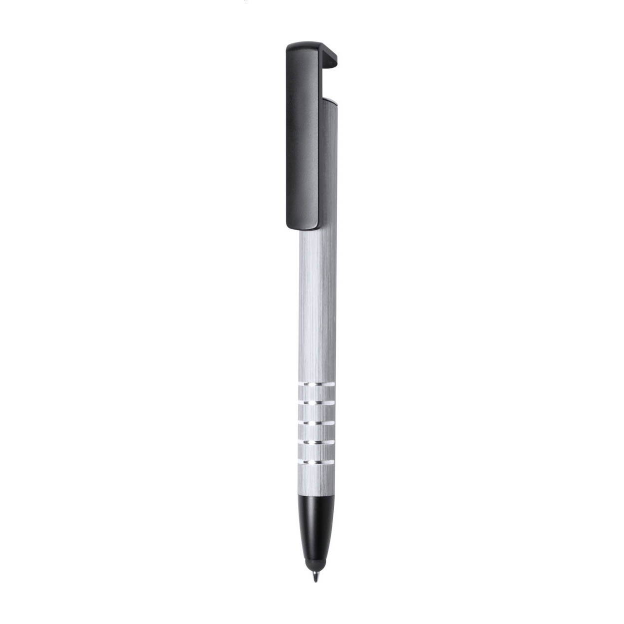 Penna a sfera in alluminio con touch screen con clip portacellulare — gadget promozionale personalizzabile con il tuo logo